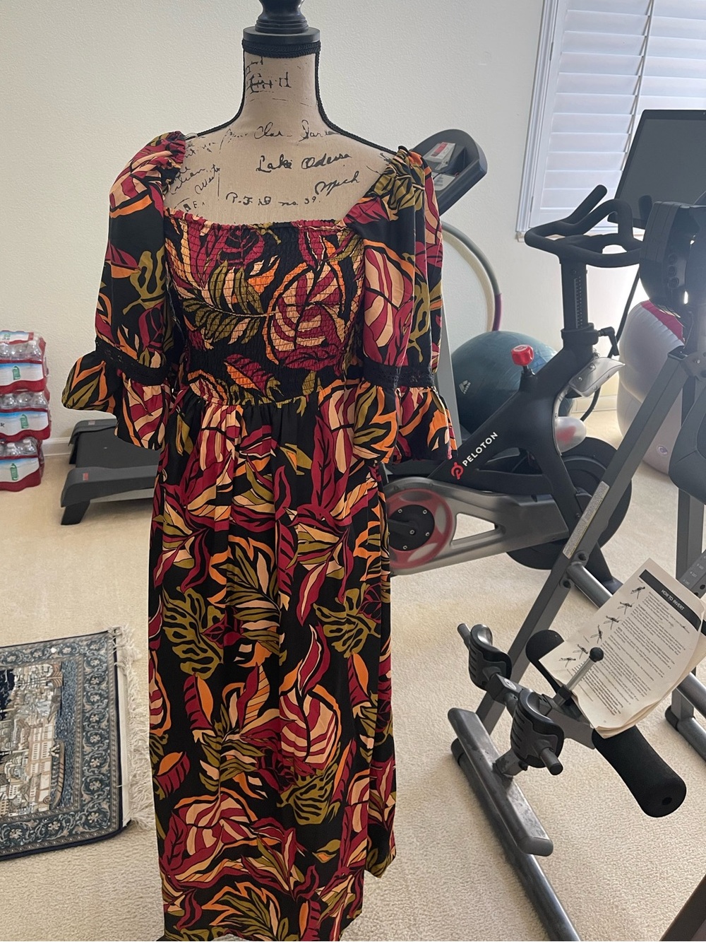 Live 4 Truth Black Floral Smocked Midi Dress with Red & Olive Leaf Print